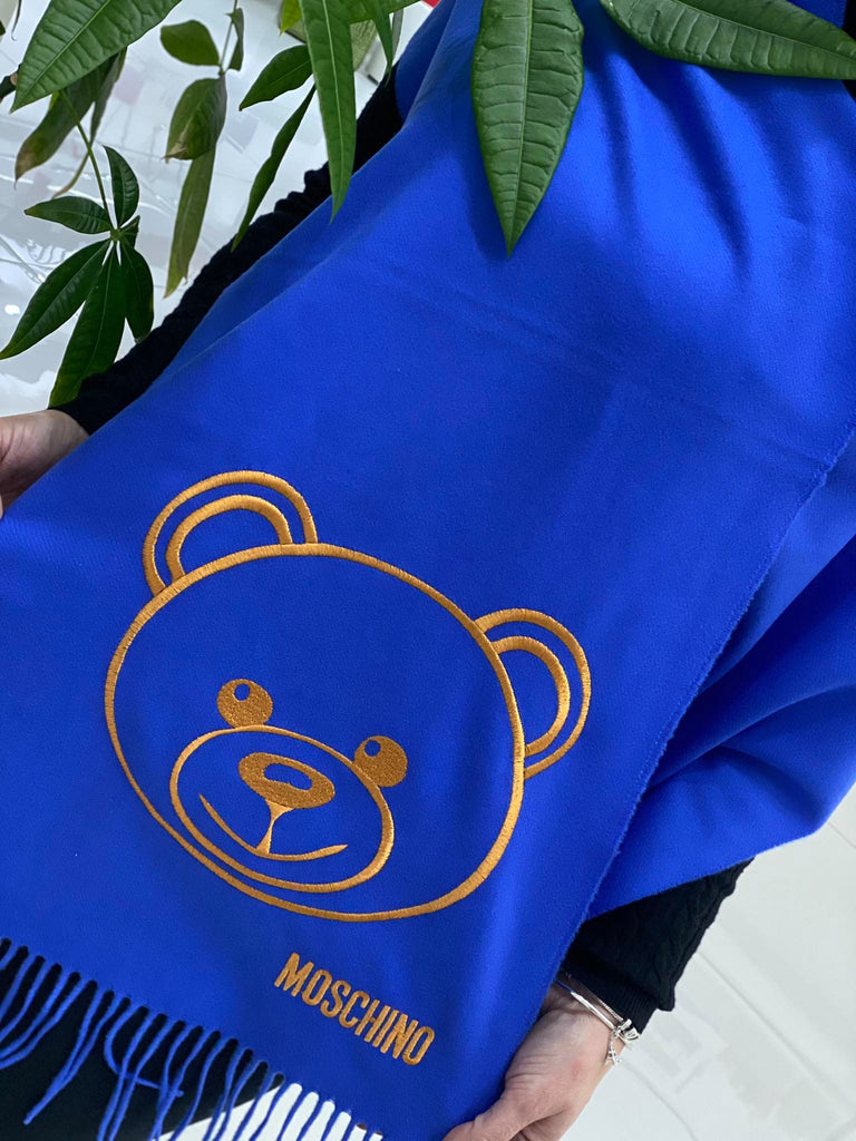 Sciarpa Moschino art 30627 blu elettrico con face teddy senape