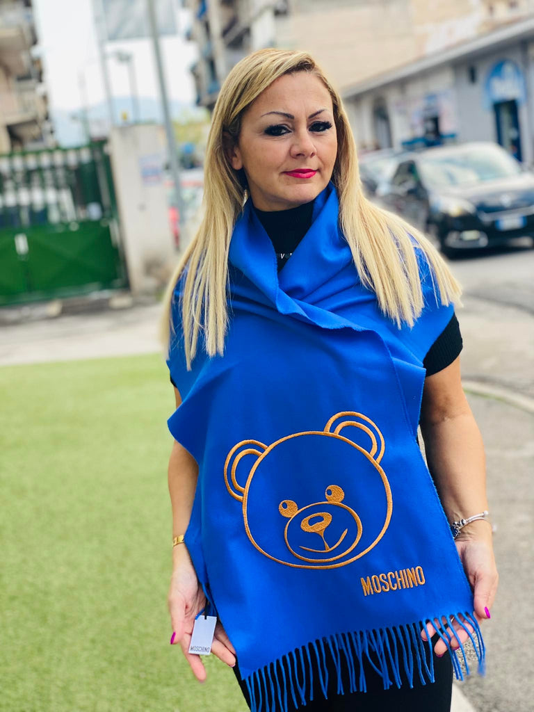Sciarpa Moschino art 30627 blu elettrico con face teddy senape