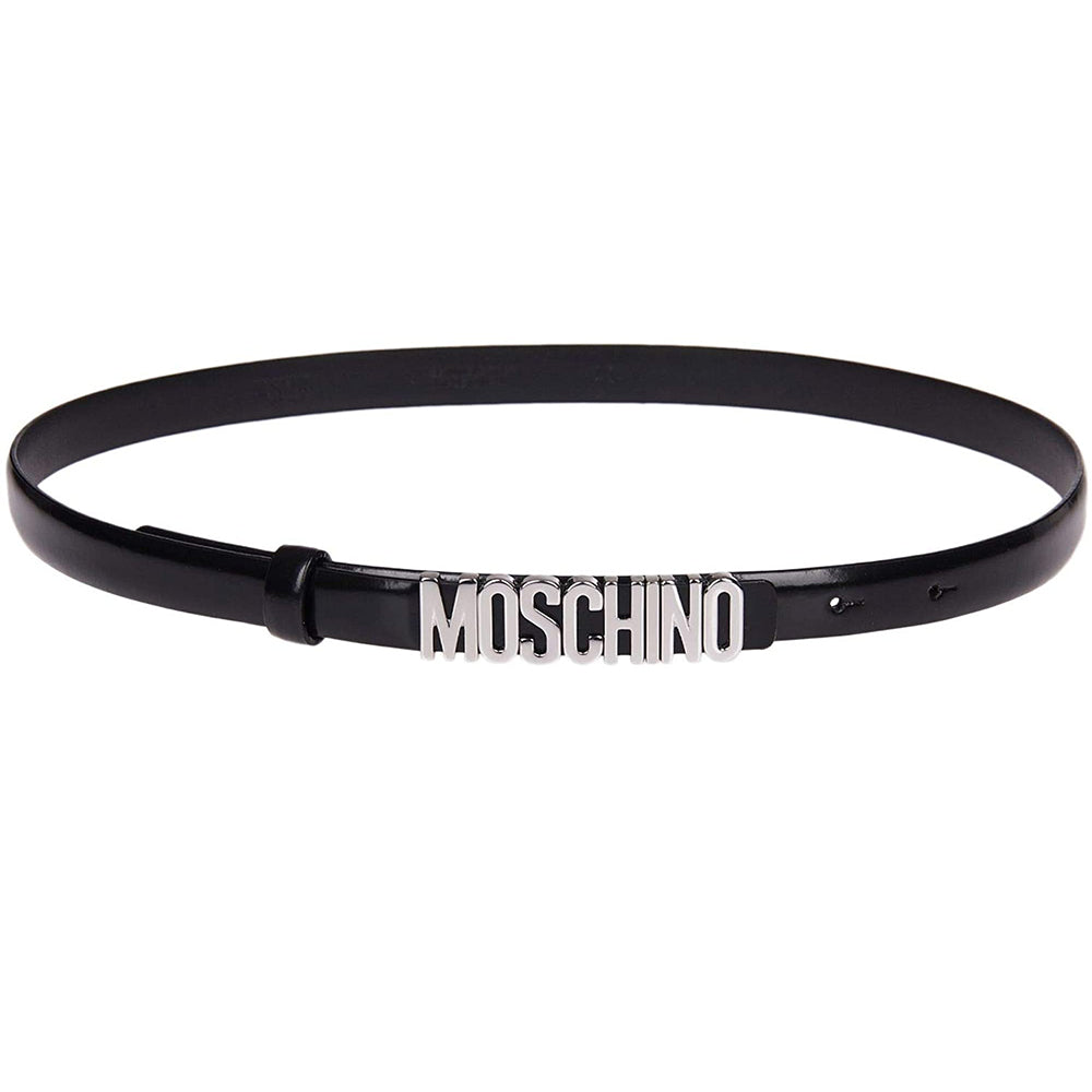 Cintura Moschino Couture small art 8010 in pelle vernice nero con logo argento