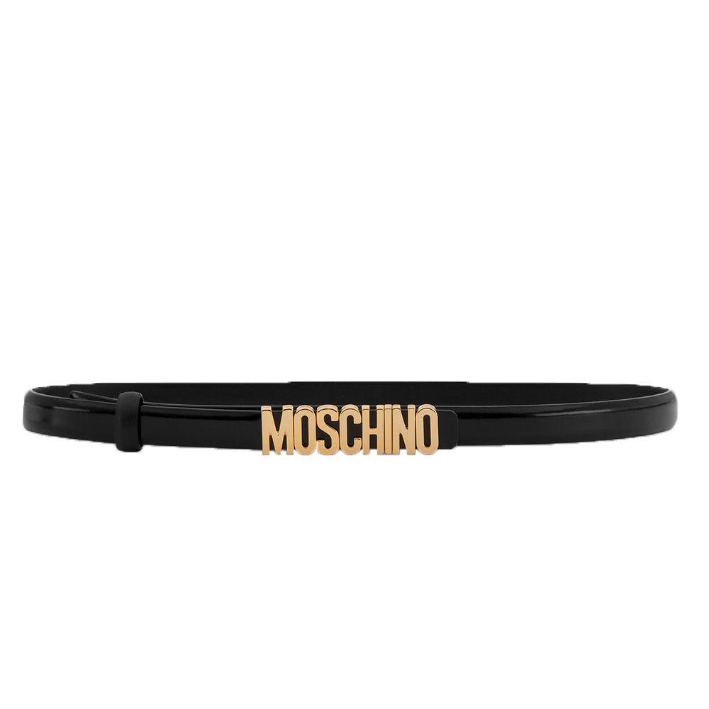 Cintura Moschino Couture small art 8010 in pelle di vitello vernice nero logo oro