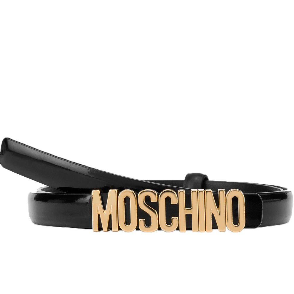 Cintura Moschino Couture small art 8010 in pelle di vitello vernice nero logo oro