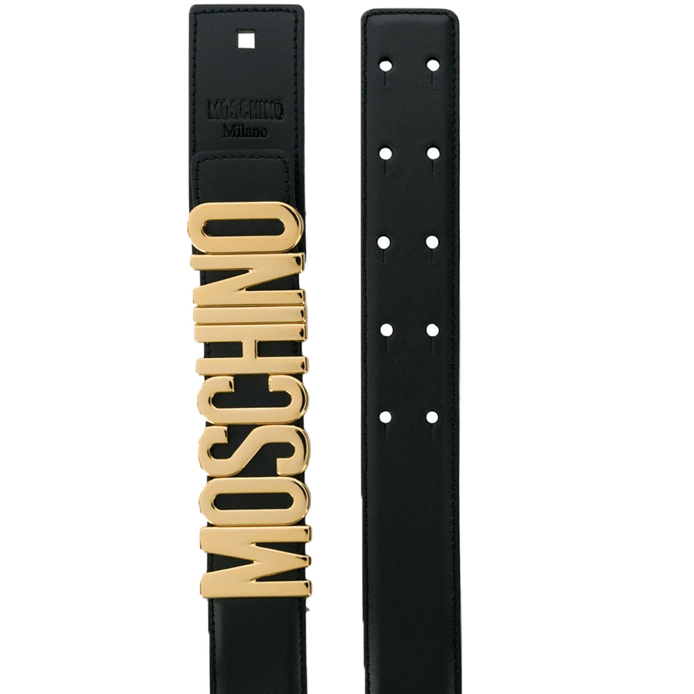 Cintura Moschino Couture nera art A8007 in pelle opaca placca logo grande oro