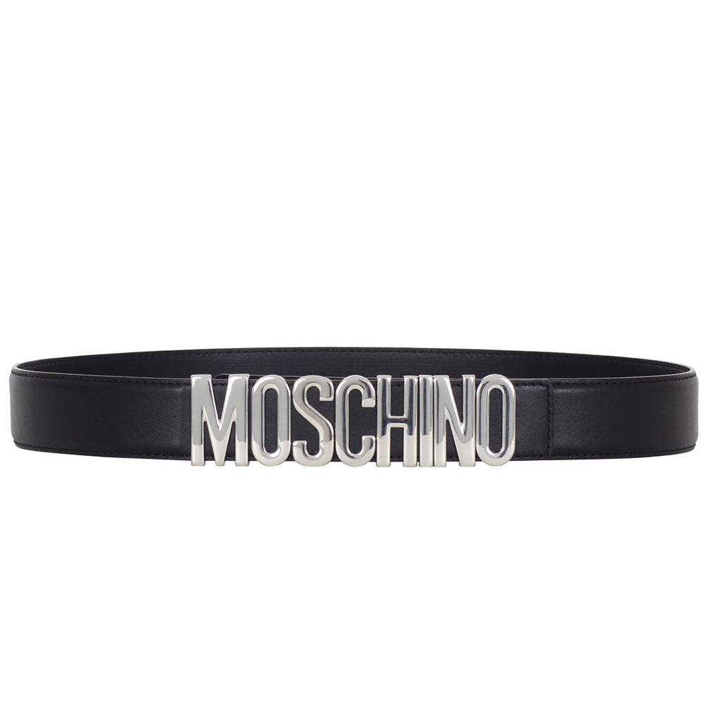 Cintura Moschino Couture in pelle art A007 opaca nera logo grande argento