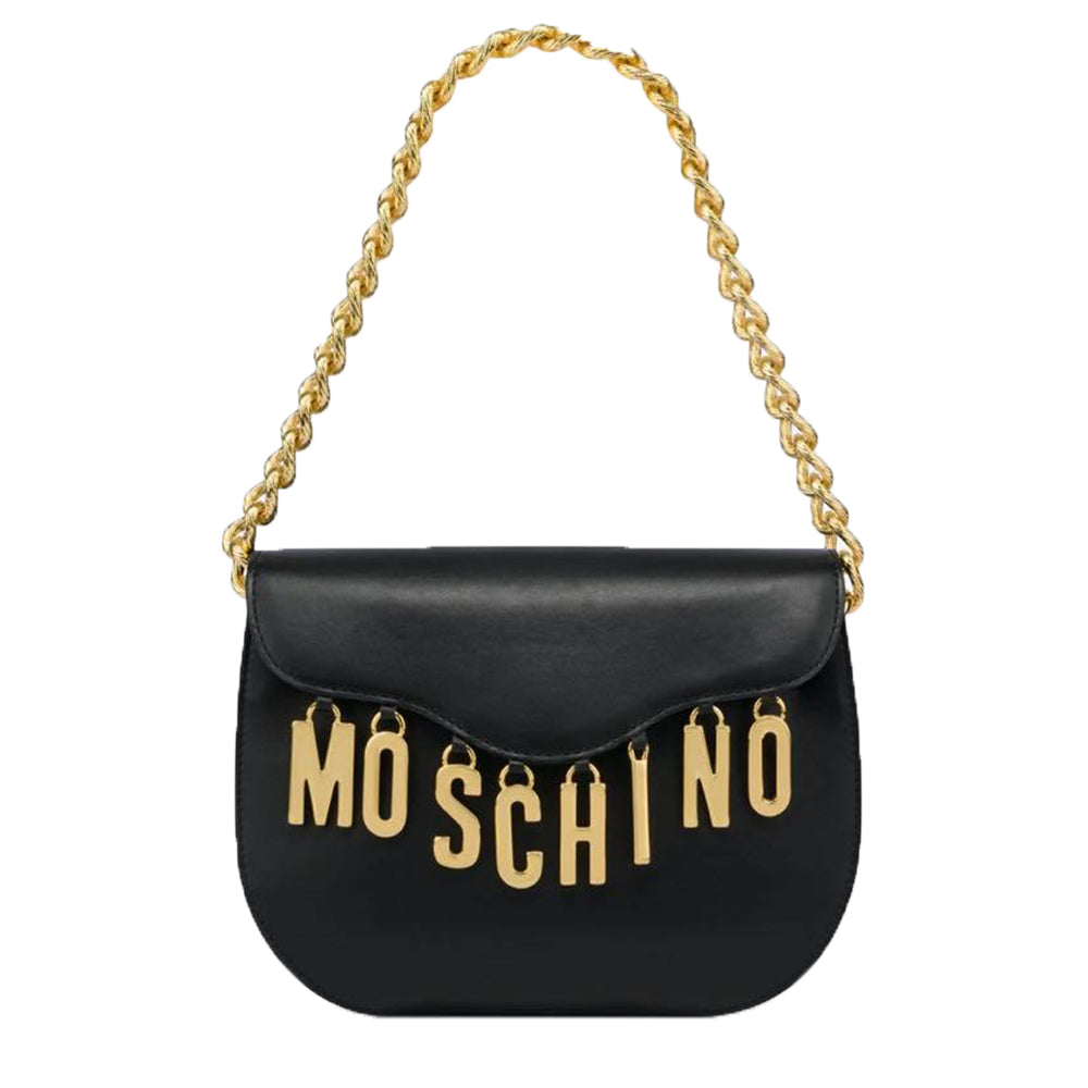 Borsa Moschino Couture art 7556 hobo bag in vitello nero logo lettering charms oro