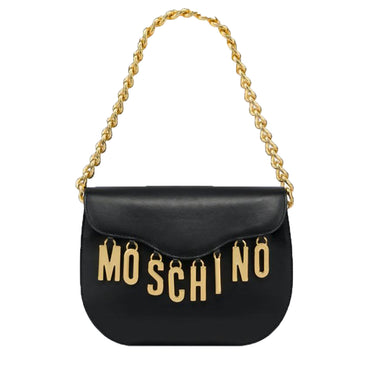 Borsa Moschino Couture art 7556 hobo bag in vitello nero logo lettering charms oro