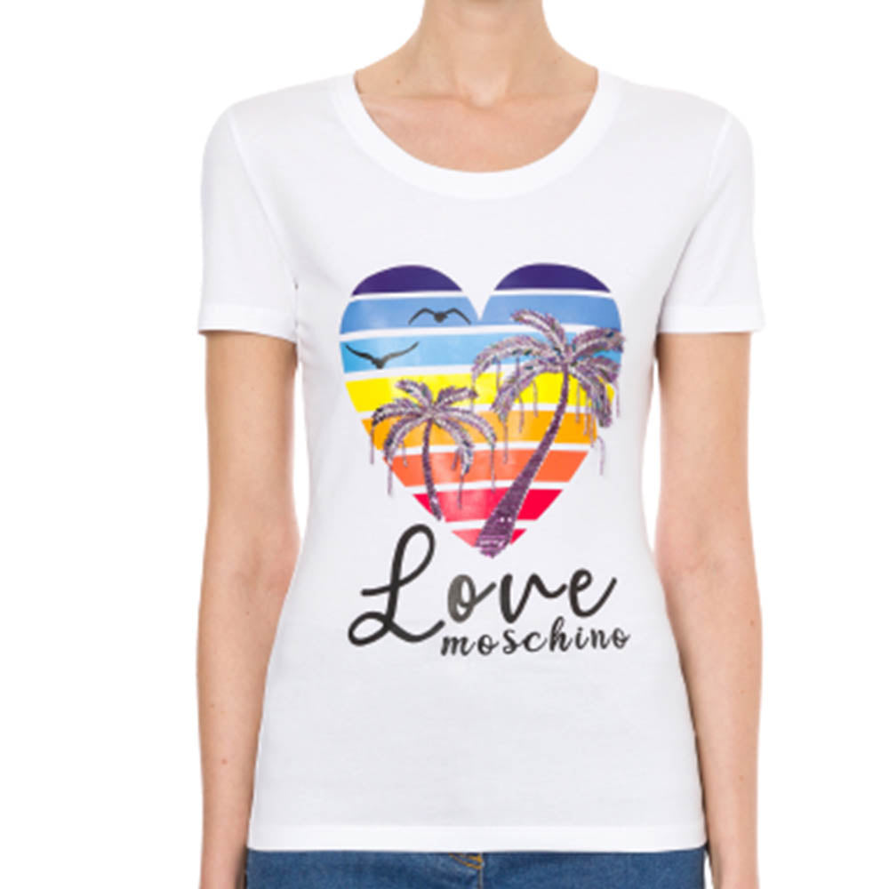 T-shirt Love Moschino art W4H1908E1951 in jesrsey stretch shiny palm trees bianco