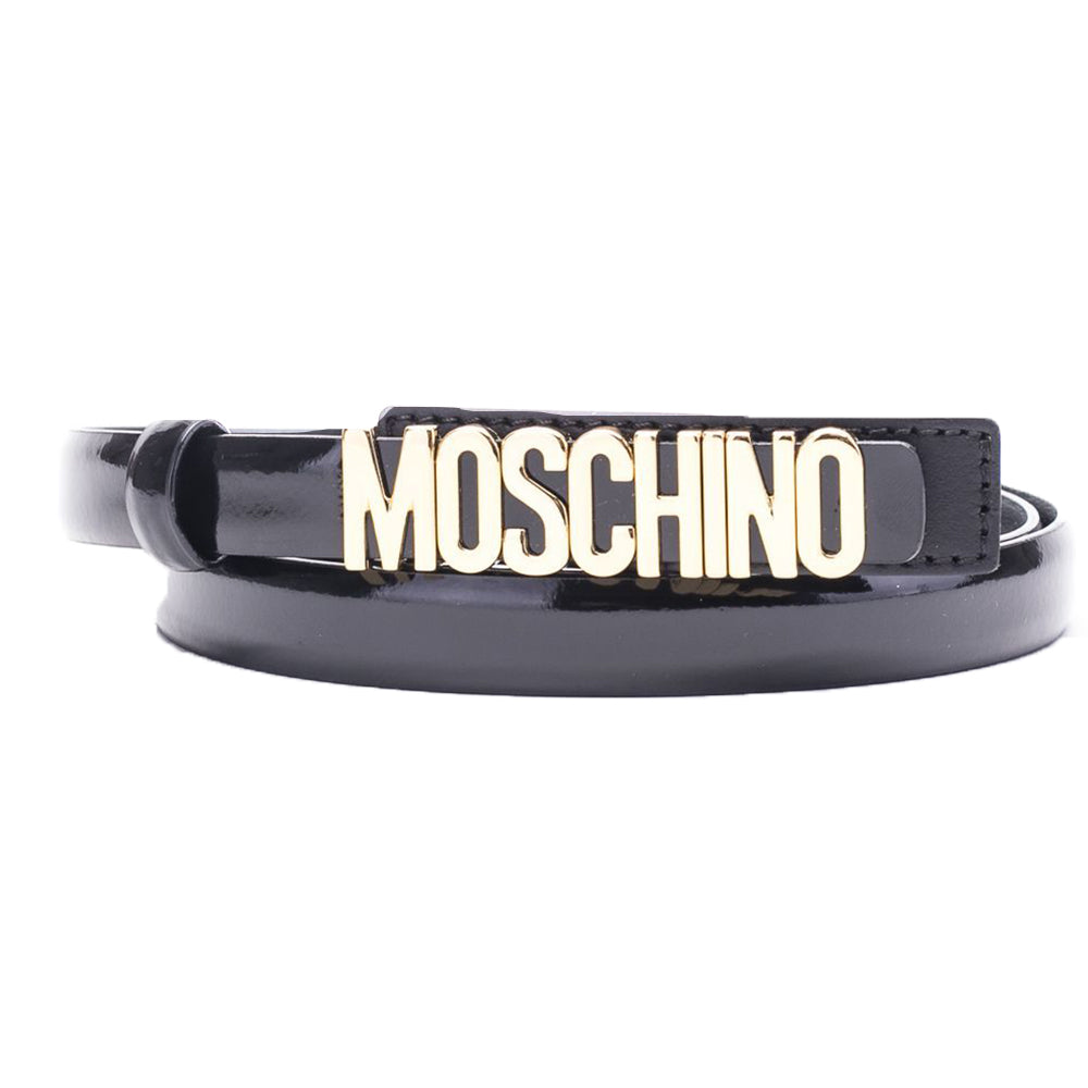 Cintura Moschino Couture small art 8010 in pelle vernice nero con logo argento