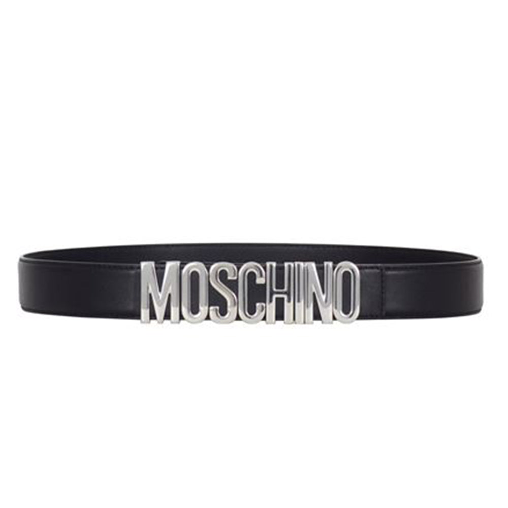 Cintura Moschino Couture in pelle art 8012 nero vernice logo grande argento