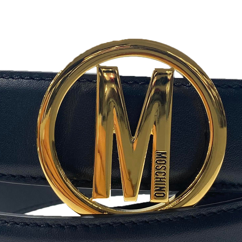 Cintura Moschino Couture art A8031 nera opaca media logo ovale oro