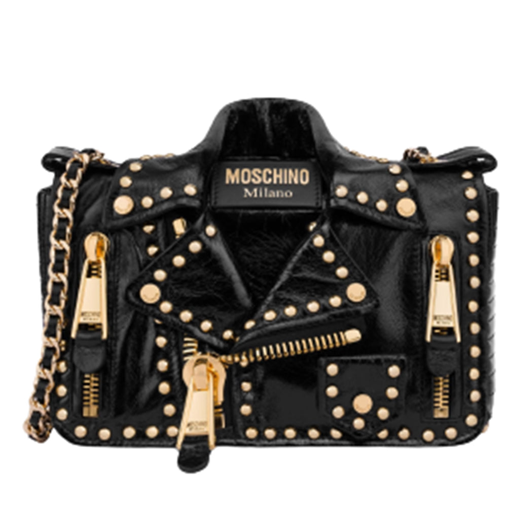 Borsa Moschino Couture art 7424 biker bag in vitello shine con borchie nera